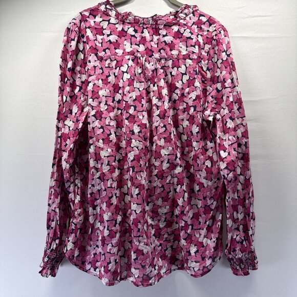 Talbots Women's Top L Pink White Gauzy 100% Cotton Popover Buttons Smocked Cuffs - Picture 8 of 10